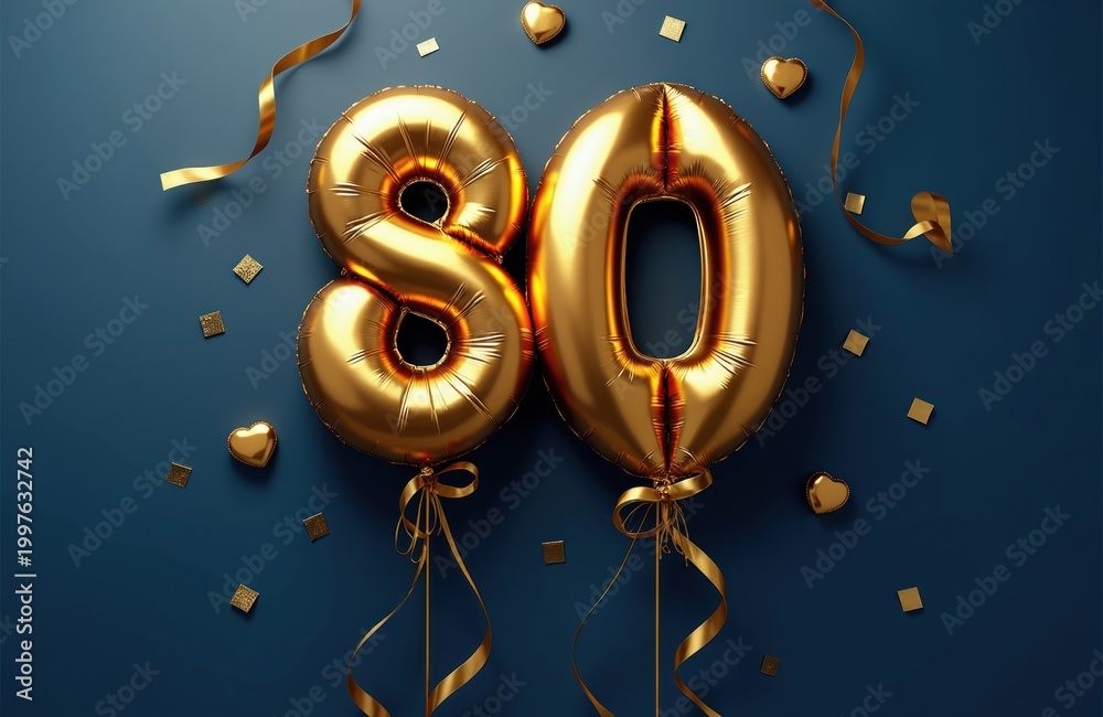 Fototapeta premium Golden number 80 balloons float against a dark blue background. Festive confetti and ribbons add to the celebratory mood, marking an important milestone or anniversary.