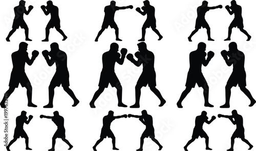 Boxing fighters silhouette set with punching poses sparring actions and combat sport training vector collection