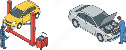 Car repair service illustration with mechanic working on vehicle lift and engine maintenance auto workshop scene