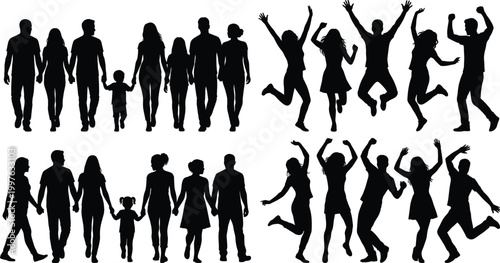 Family and people silhouettes set with walking groups and jumping poses expressing happiness isolated vector illustration