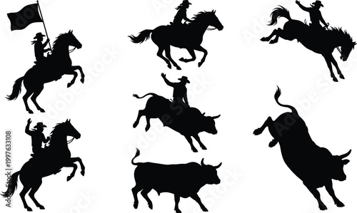 Cowboy rodeo silhouettes set with horse riding bull riding action western sport vector collection