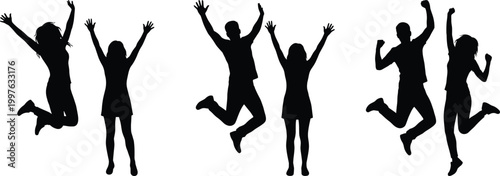 Jumping people silhouettes set with happy energetic poses expressing success freedom and celebration isolated vector illustration