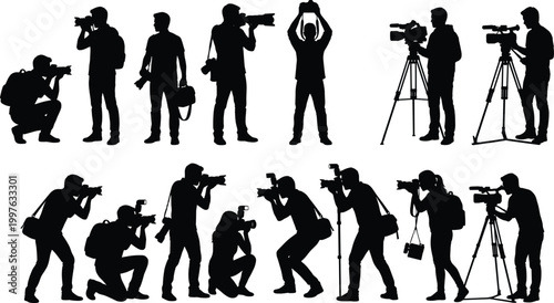 Photographer and videographer silhouettes set with camera shooting poses and film crew equipment isolated vector illustration