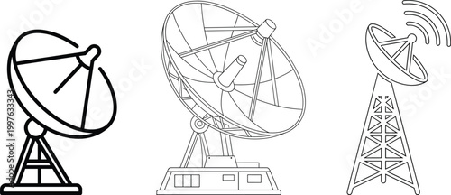 Satellite Dish Antenna Tower Outline Icon Set for Telecommunication and Broadcasting Concept
