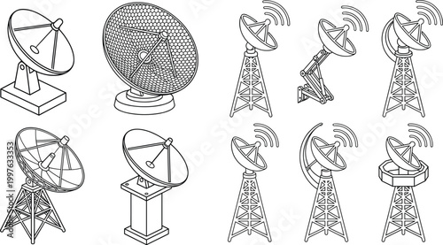 Satellite dish antenna collection communication signal towers and radar receivers line vector icons isolated set