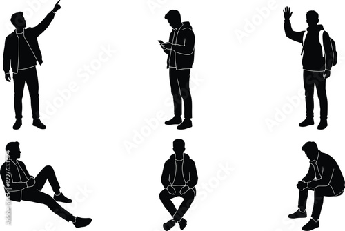 Young man silhouette set with casual poses sitting standing using smartphone urban lifestyle vector collection