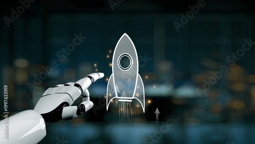 Принти на полотні A sleek robot hand points towards a glowing rocket icon, symbolizing innovation and technological advancement in a sophisticated digital environment