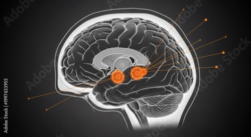 Anatomy illustration showcasing a detailed view of the human brain with highlighted regions