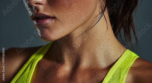 A close side profile of a sweaty woman with glistening moisture on her skin wears a bright neon yellow athletic top after a rigorous session