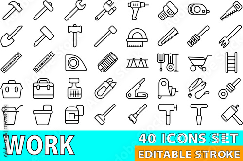 Work icons set displays forty individual outlined symbols representing various construction tools and manual equipment for professional repair projects on a crisp white background with high contrast.