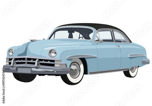Fotografie Vintage 1950s Classic Sedan Illustration, Retro Light Blue American Luxury Car w