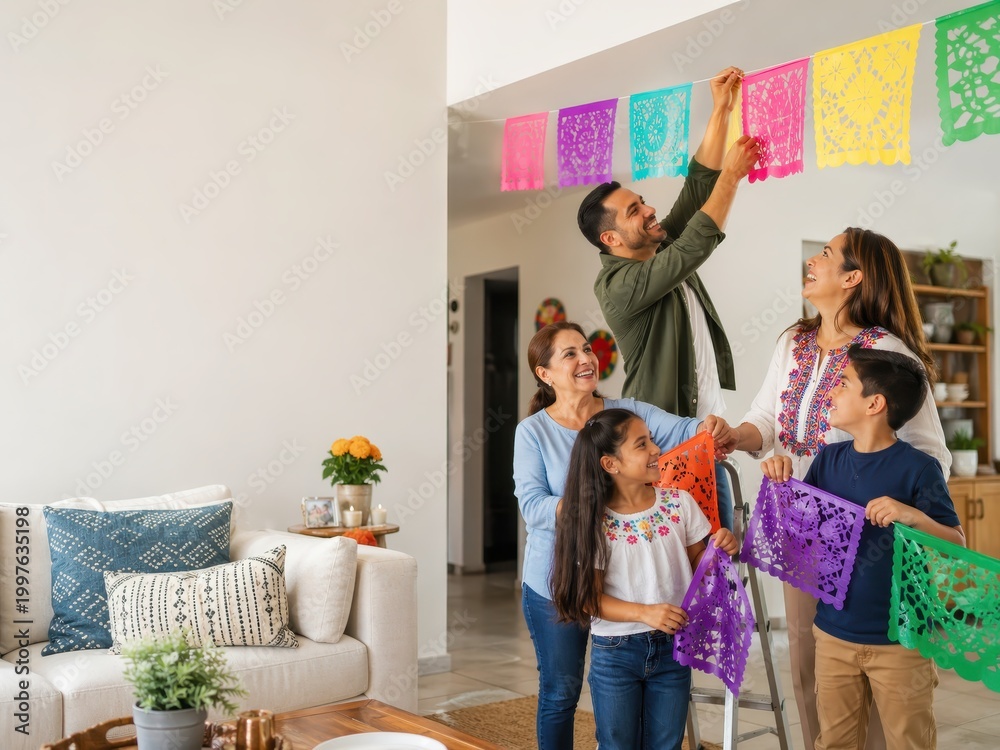 Naklejka premium Hispanic family hanging papel picado decorations for Cinco de Mayo at home. Man, woman, grandmother, girl and boy preparing festive house decor. Joyful multi-generational family celebration concept