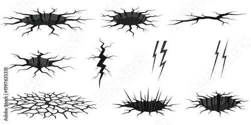 Set of black crack and hole designs with lightning strike icons for graphic design elements