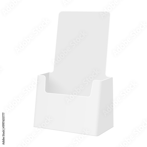 White brochure holder isolated on background. Mockup for flyers, leaflets, retail advertising and POS presentations. Vector illustration