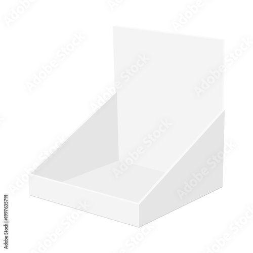 White cardboard counter display box with back panel, empty retail stand isolated on white background, mockup for product promotion, POS display and store presentation