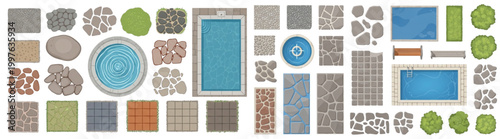 Top View Landscape Architecture Design Elements Vector Set with Fountain Pool and Paving Textures for Garden Plans