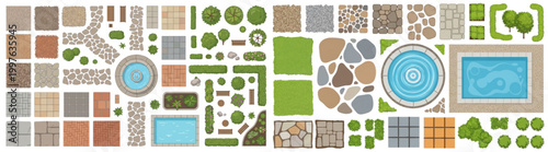 Top View Landscape Architecture Design Elements Vector Set with Fountain Pool and Paving Textures for Garden Plans