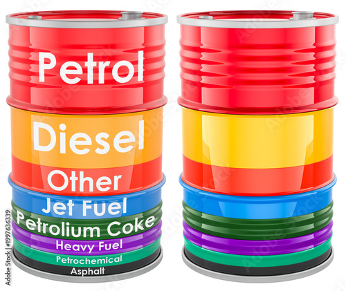 Stacked barrel chart showing products obtained from one crude oil barrel including petrol, diesel, jet fuel and asphalt, 3d rendering