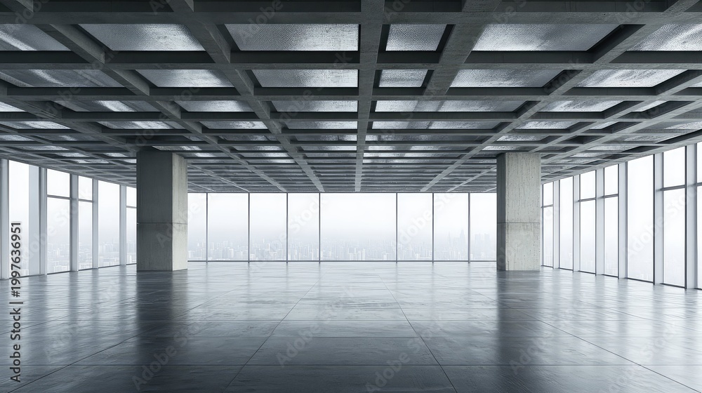 Naklejka premium Large empty contemporary office space featuring a waffle slab concrete ceiling, concrete columns, and expansive windows offering a panoramic horizon cityscape