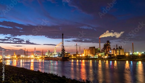 Industrial harbor at dusk with lights.