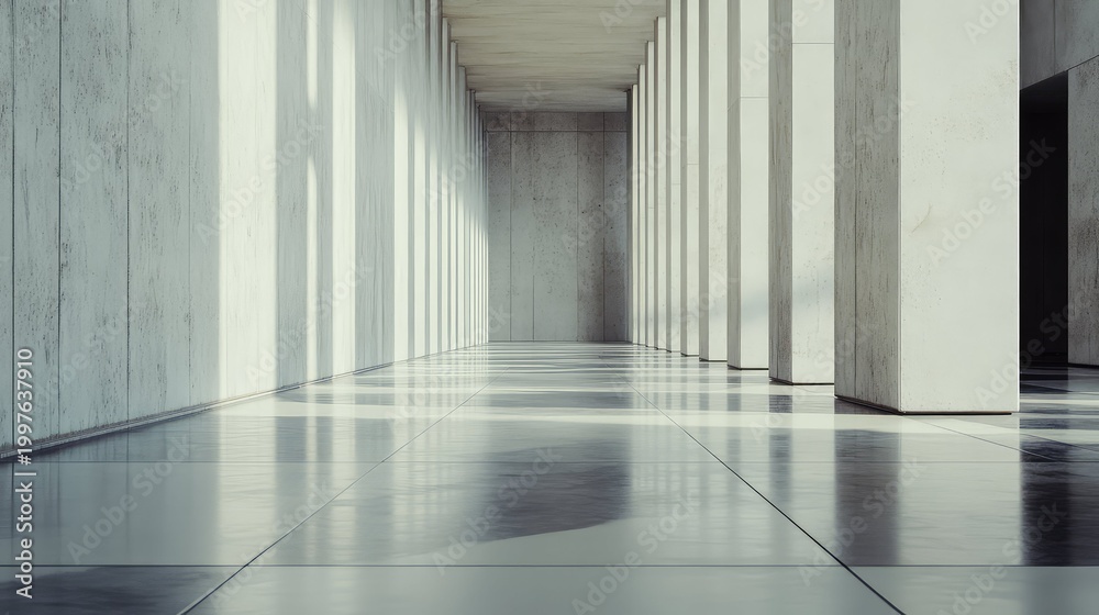 Obraz premium Minimalist concrete hallway extending into the distance, revealing architectural grandeur with strong vertical pillars and dynamic light patterns casting shadows on the polished floor
