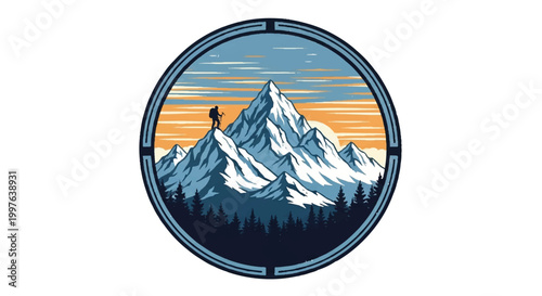 Mountain climber silhouette in circular emblem illustration