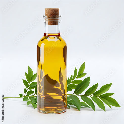 Bottle of oil with leaves