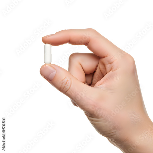 Hand holding a small white capsule