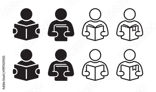 Set of people reading books icons in flat solid and thin line styles, student education symbols with book and bookmark details for literacy and study.