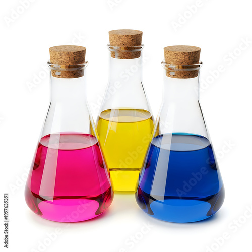 Three glass flasks with colored liquids