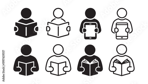 Set of people reading icons in flat solid and thin line styles, featuring students with books and digital tablets for education and literacy.