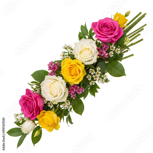 A bouquet of pink, yellow and white roses