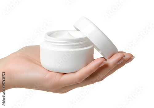 Hand holding white cream jar