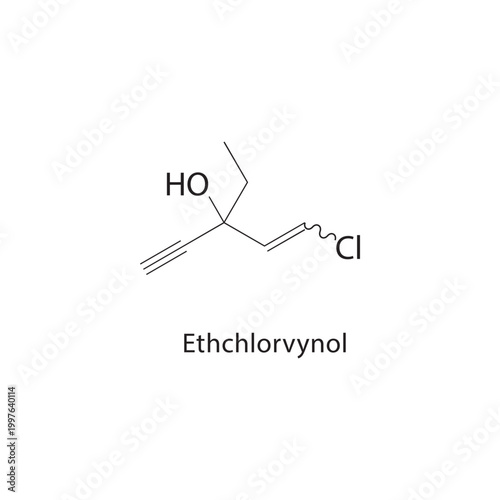 Ethchlorvynol skeletal structure. sedative compound schematic illustration. Simple diagram, chemical formula.