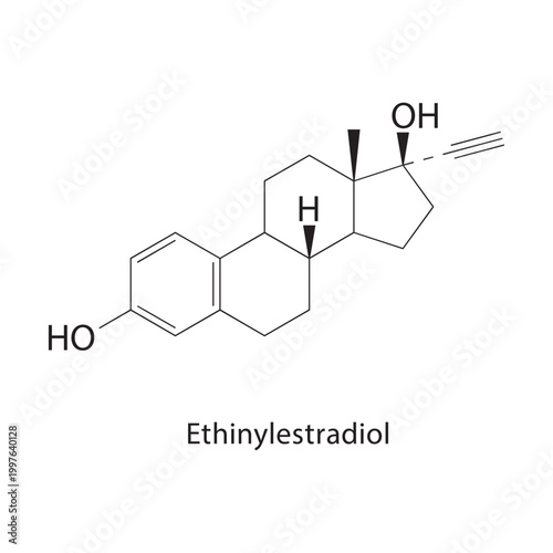 Ethinylestradiol skeletal structure. estrogen compound schematic illustration. Simple diagram, chemical formula.