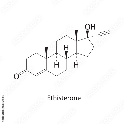 Ethisterone skeletal structure. steroid compound schematic illustration. Simple diagram, chemical formula.