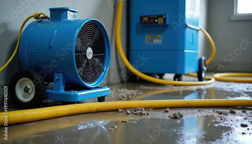 Blue industrial fan and dehumidifier dry wet concrete floor with yellow hoses. Water damage restoration equipment works indoors. Flood cleanup process active.