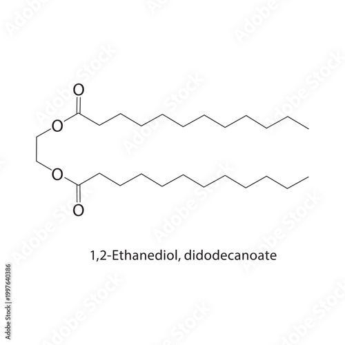 1,2-Ethanediol didodecanoate skeletal structure. ester compound schematic illustration. Simple diagram, chemical formula.