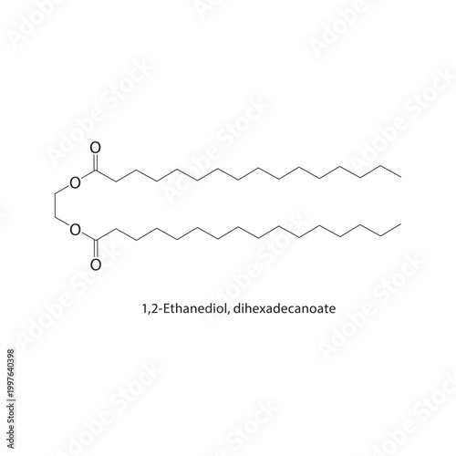 1,2-Ethanediol dihexadecanoate skeletal structure. ester compound schematic illustration. Simple diagram, chemical formula.