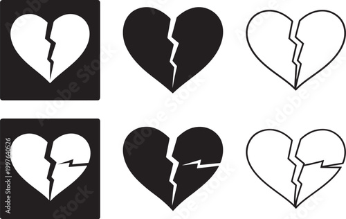 Broken heart icon set bold black silhouette.
