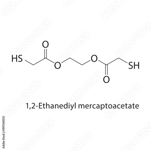 1,2-Ethanediyl mercaptoacetate skeletal structure. ester compound schematic illustration. Simple diagram, chemical formula.