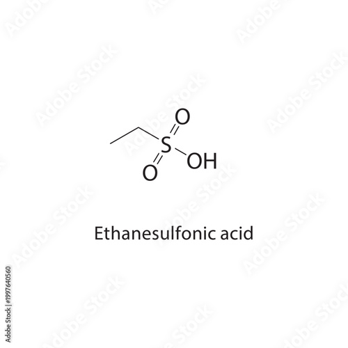 Ethanesulfonic acid skeletal structure. sulfonic acid compound schematic illustration. Simple diagram, chemical formula.