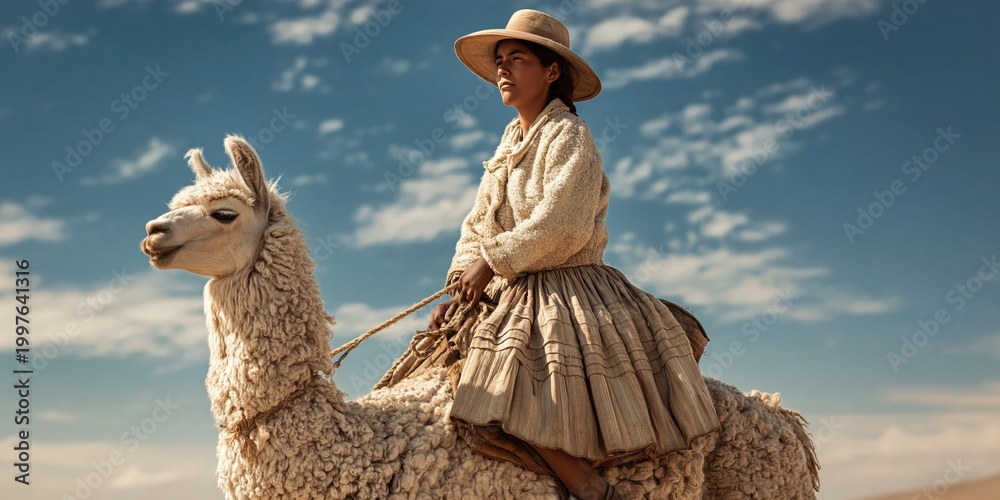Fototapeta premium woman riding a llama mount