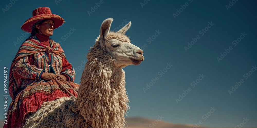 Fototapeta premium woman riding a llama mount
