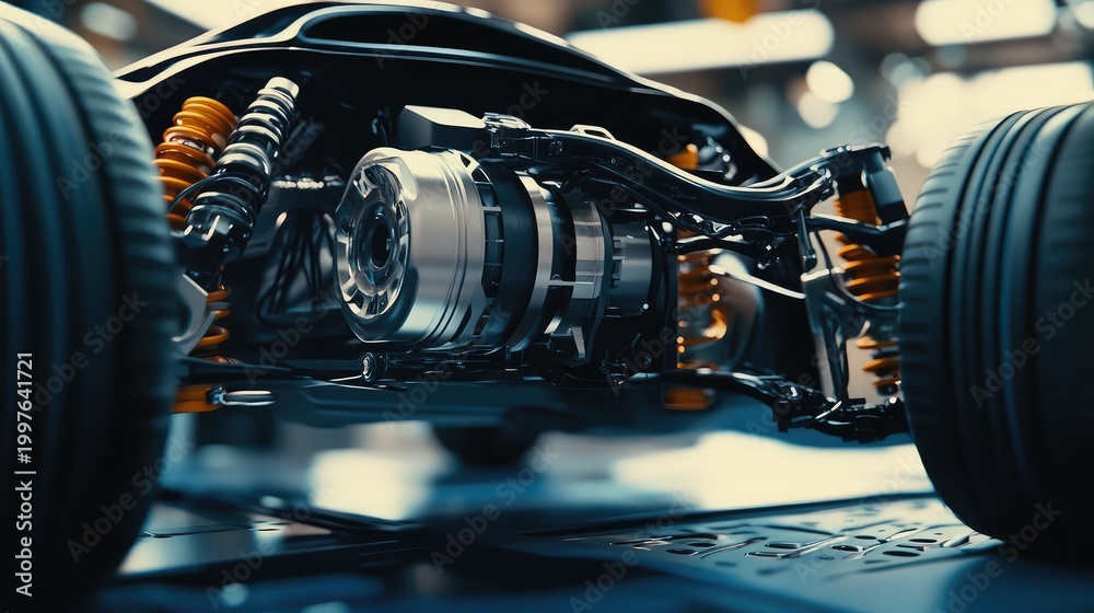 Fototapeta premium Electric vehicle chassis and powertrain system assembling in factory