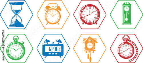 Clocks and timekeeping devices in a hexagonal grid vector