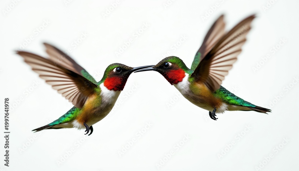 Fototapeta premium Two hummingbirds fly with wings blurred conveying motion. Small birds with bright green, red feathers shown in mid-air. Appear to interacting closely. Photo ideal for nature, wildlife themes.
