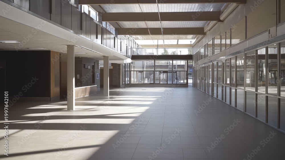 Fototapeta premium Modern architecture of a spacious empty building interior features strong natural light and geometric shadows, creating a sense of openness and contemporary design