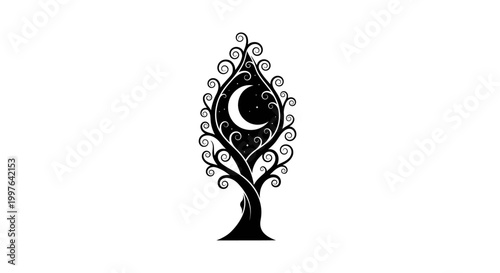 a black and white tree with a moon.