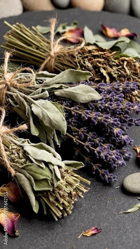 Dried Herbs Bundles Sage Lavender Rosemary and Rose Petals on Slate.